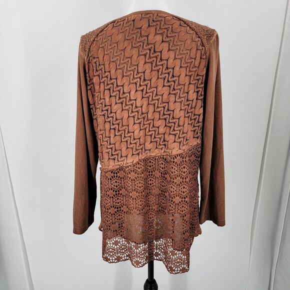 Cactus + Pearl Blouse Women's Large Cowl Neck Lace Overlay Brown - Picture 4 of 10